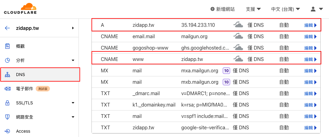 進入DNS設定網站IP位置